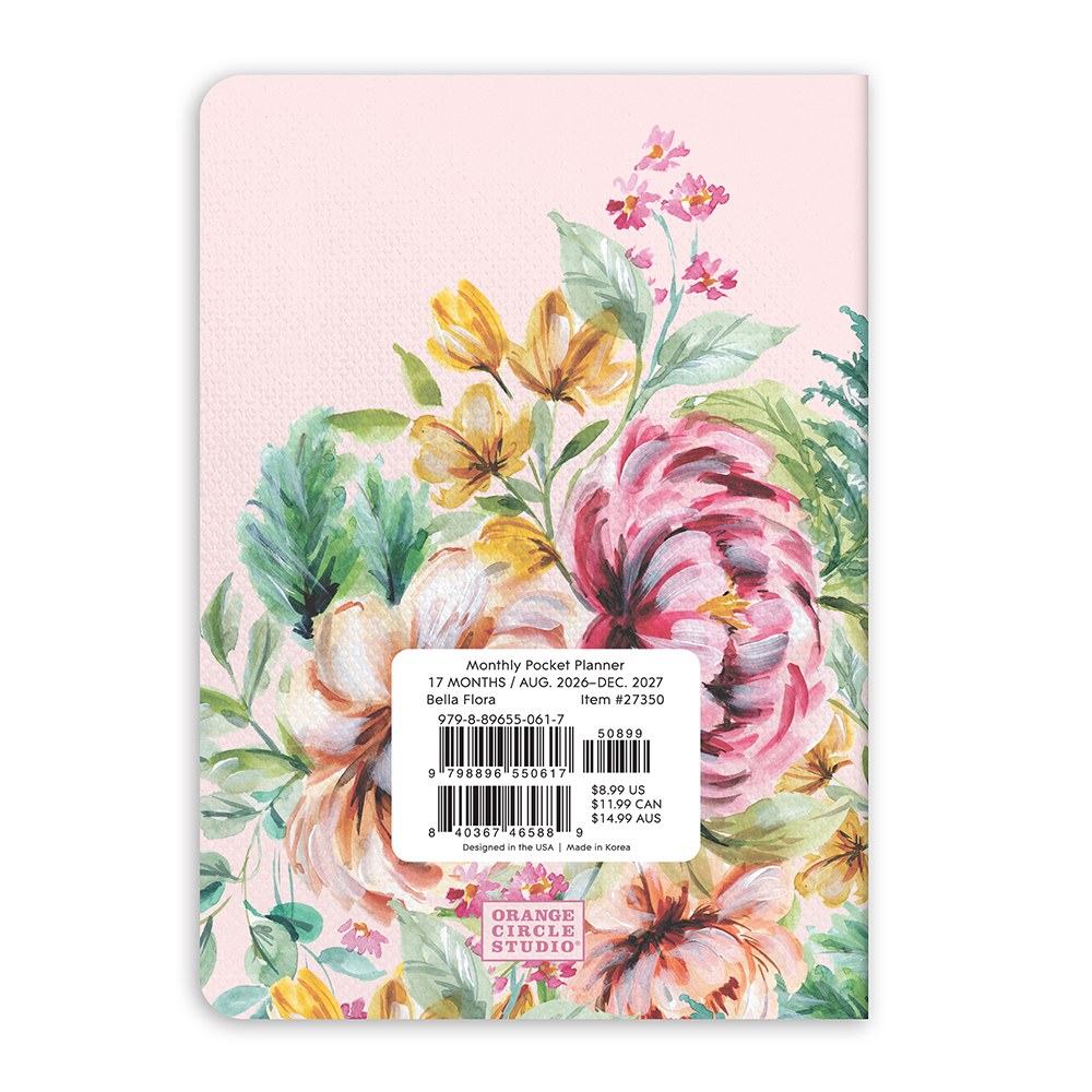 Orange Circle 2027 Monthly Pocket Diary 114 x 165mm Month To View Bella Flora retail packaging shown from the back, with the barcode panel and product details visible.