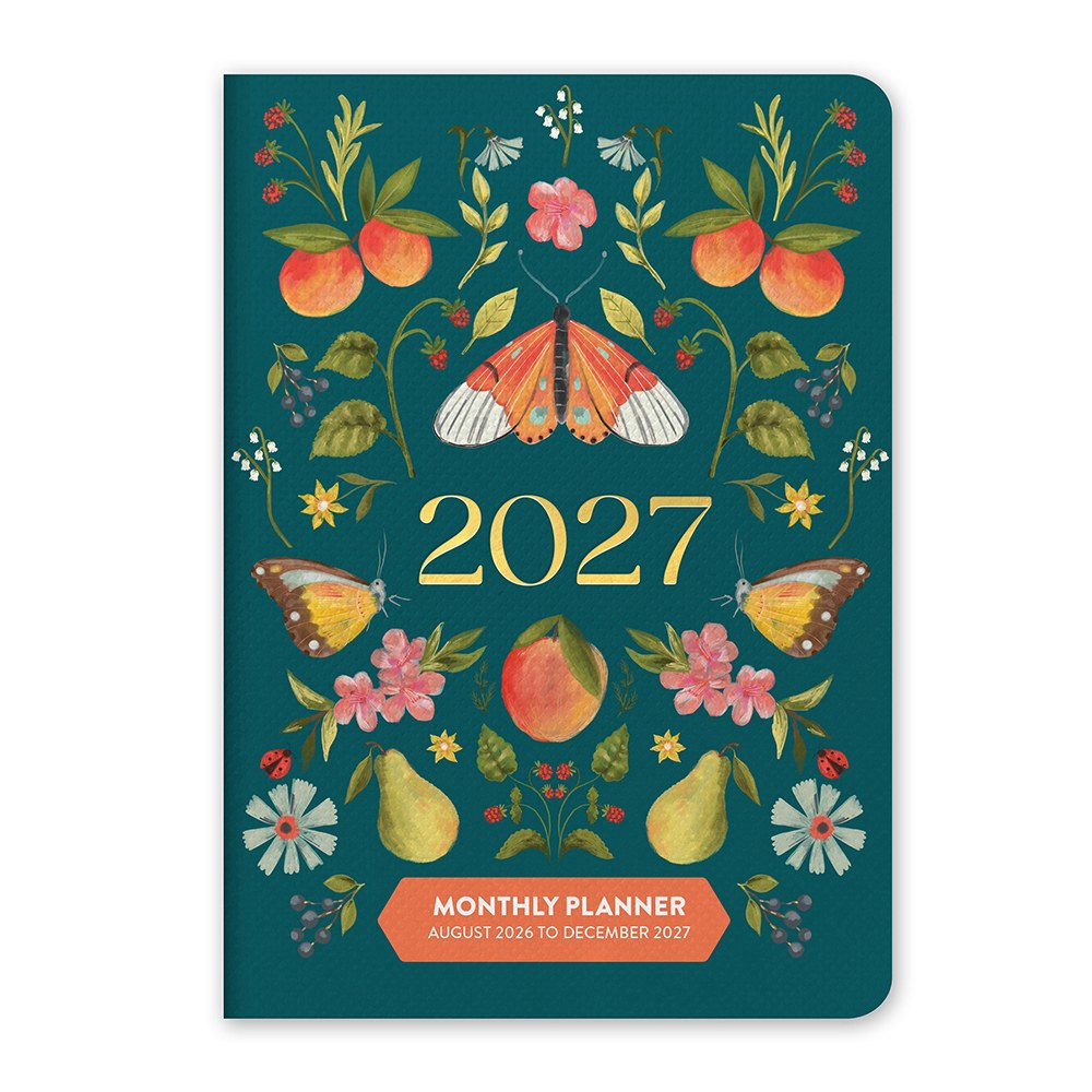 Orange Circle 2027 Monthly Pocket Diary 114 x 165mm Month To View Fruit And Flora shown front on, the Fruit And Flora design, a bright botanical mix of fruit and flowers, closed flat against a plain background.