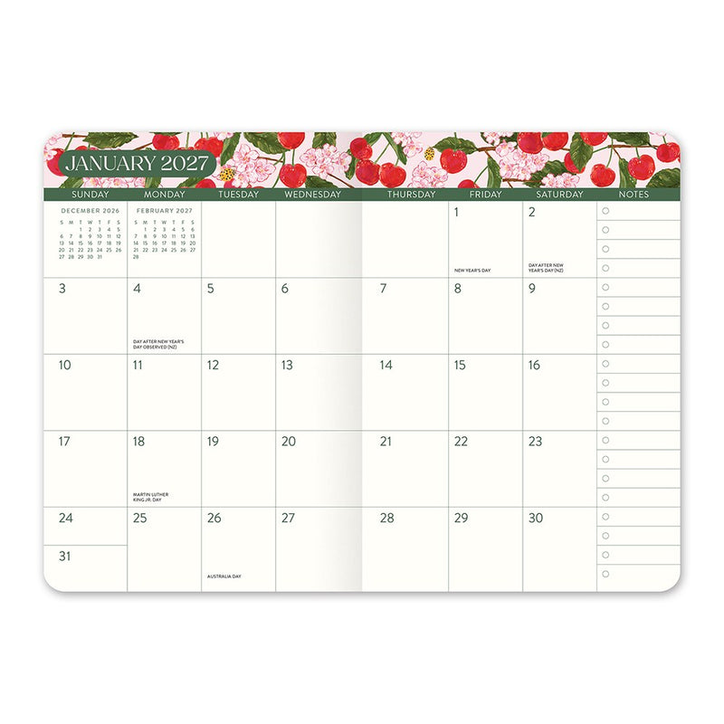 Orange Circle 2027 Monthly Pocket Diary 114 x 165mm Month To View Fruit And Flora opened to show the printed month to view interior pages and the dated planning grid.