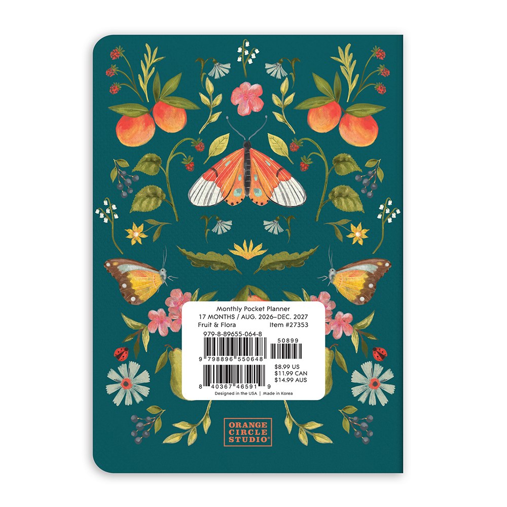 Orange Circle 2027 Monthly Pocket Diary 114 x 165mm Month To View Fruit And Flora retail packaging shown from the back, with the barcode panel and product details visible.