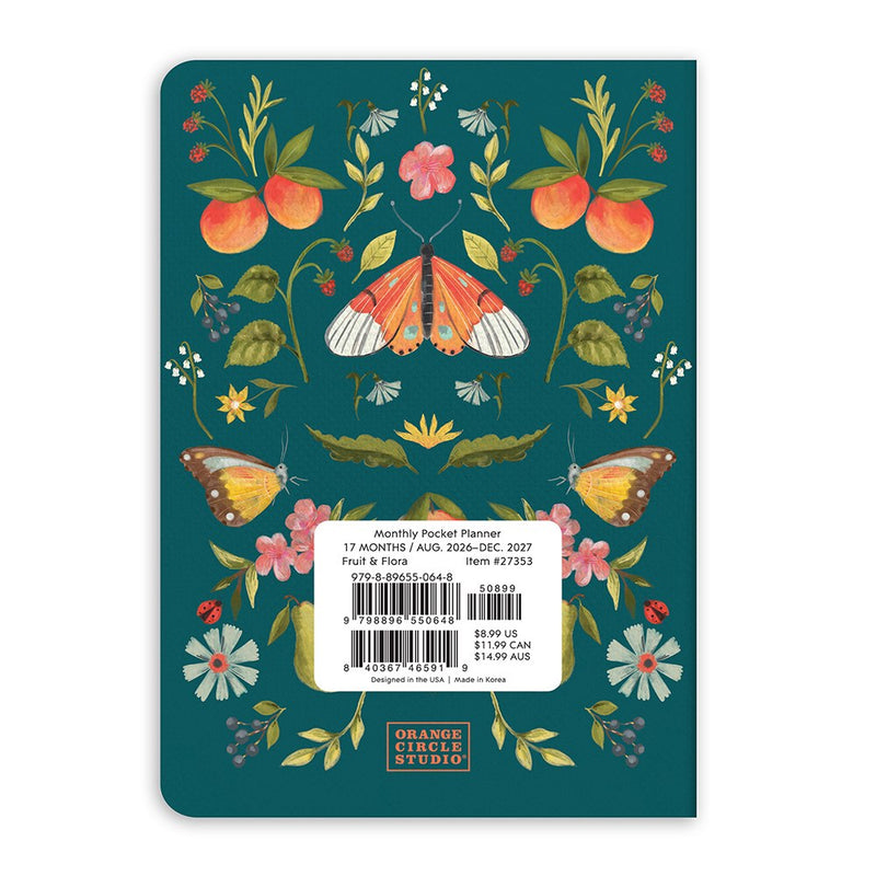 Orange Circle 2027 Monthly Pocket Diary 114 x 165mm Month To View Fruit And Flora retail packaging shown from the back, with the barcode panel and product details visible.