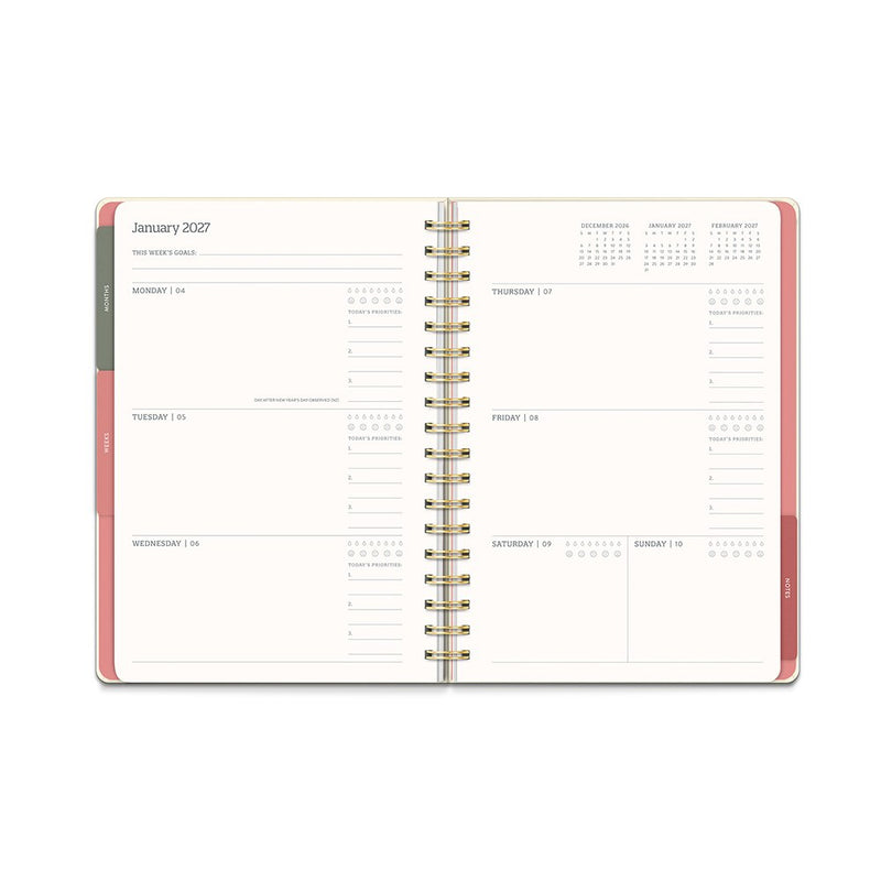 Orange Circle 2027 Tri-Tab Diary 178 x 244mm Week To View Age Of Romance shown at a three quarter angle, the Age Of Romance design, a moody vintage rose print with deep botanical tones, highlighting the cover finish and binding edge.