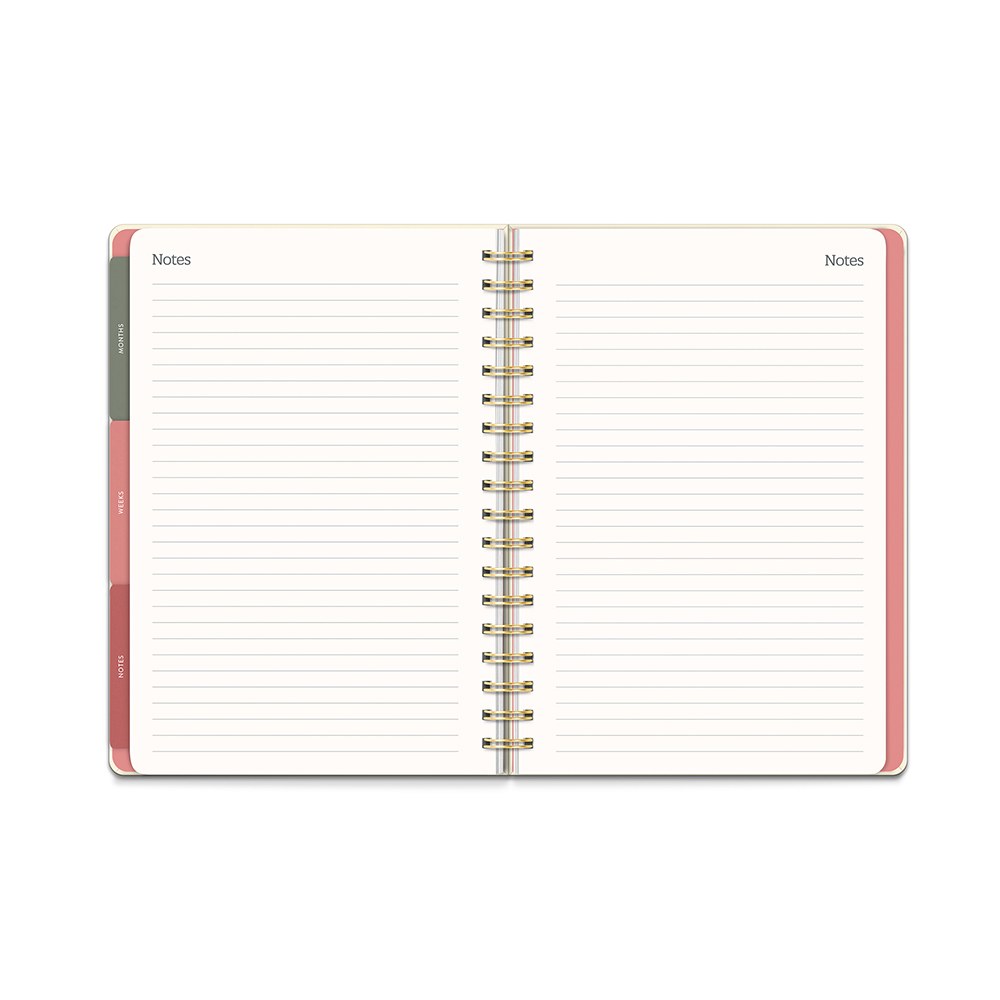 Orange Circle 2027 Tri-Tab Diary 178 x 244mm Week To View Age Of Romance shown from a second angle, the Age Of Romance design, a moody vintage rose print with deep botanical tones, with the spine and page block edge visible.