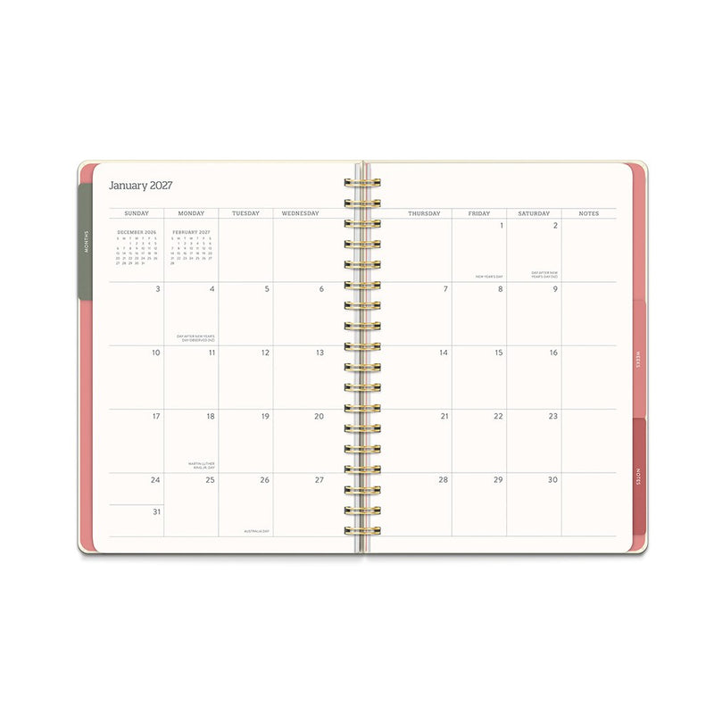 Orange Circle 2027 Tri-Tab Diary 178 x 244mm Week To View Age Of Romance opened to show the printed week to view interior pages and the dated planning grid.