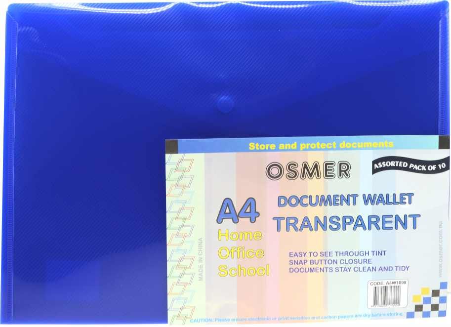 Osmer A4 transparent document wallet assorted pack of 10 with its printed header card, shown on a blue wallet