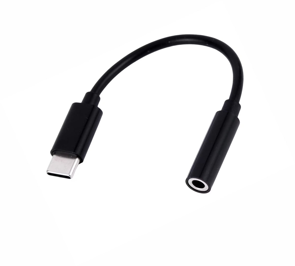 Osmer USB-C to 3.5mm audio adaptor in black, second angle showing the USB-C plug on the left and the 3.5mm socket end on the right