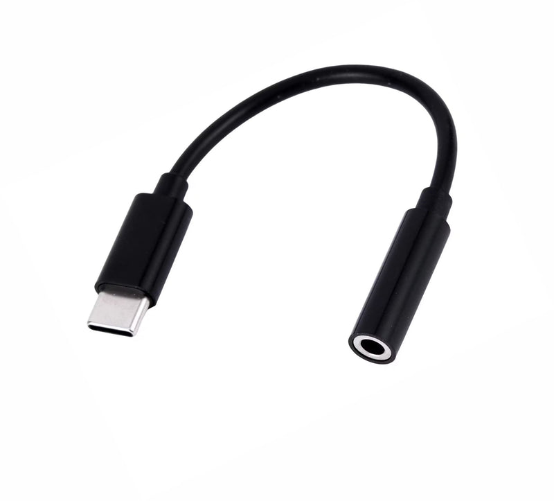 Osmer USB-C to 3.5mm audio adaptor in black, second angle showing the USB-C plug on the left and the 3.5mm socket end on the right