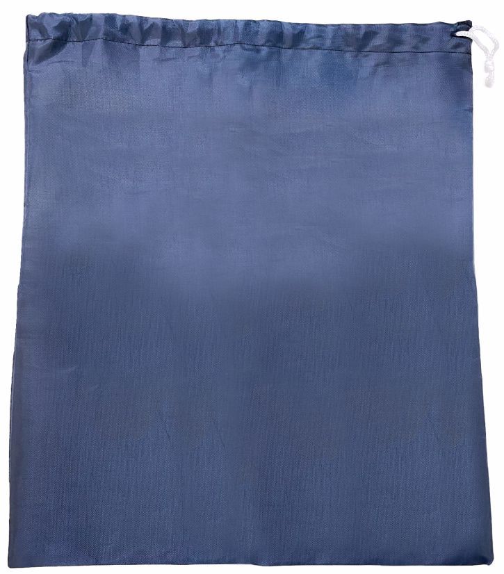 Osmer polyester drawstring bag in navy blue laid flat, showing the full bag shape and the cord channel at the top