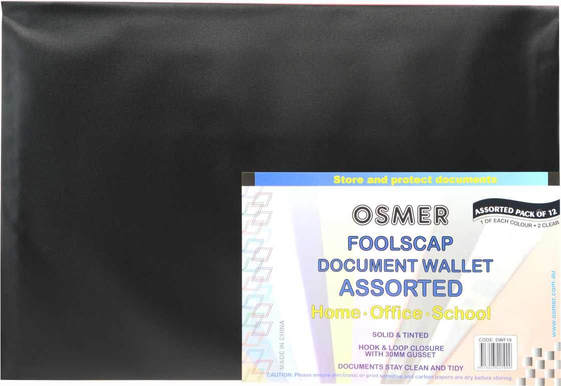 Osmer foolscap document wallet assorted pack with its printed header card, shown on a black wallet