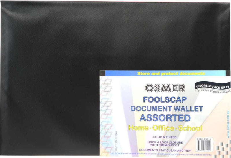 Osmer foolscap document wallet assorted pack with its printed header card, shown on a black wallet