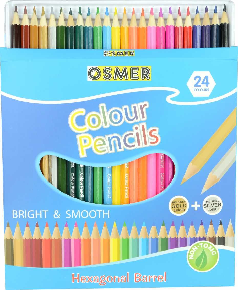 Osmer hexagonal woodcase colour pencils pack of 24 with the box open, the full row of 24 pencils standing above the printed front
