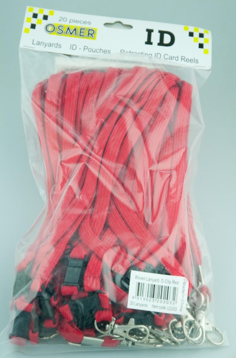 Osmer red D clip lanyards, 20 pieces packed in a clear resealable bag with the Osmer ID header card