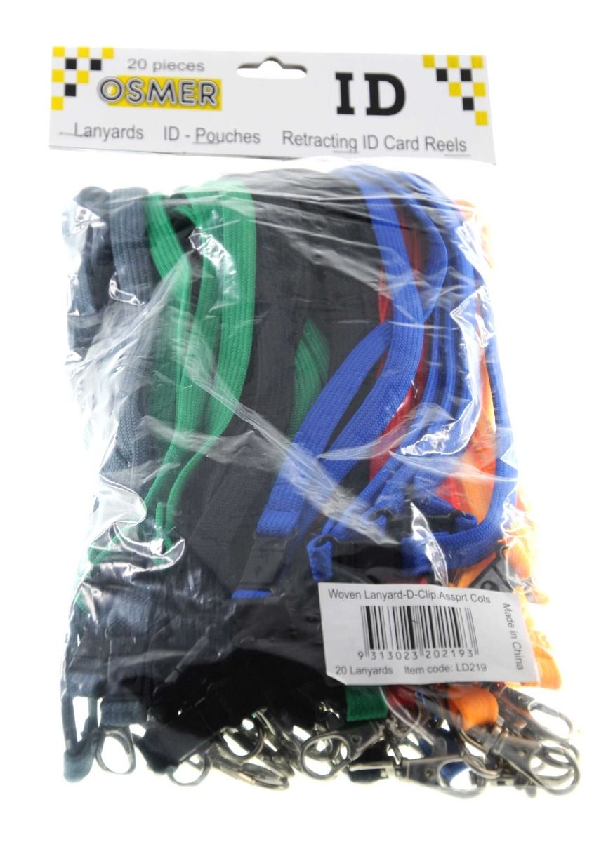 Second view of the Osmer assorted D clip lanyard bag of 20, showing black, blue, green and orange straps and the bag label