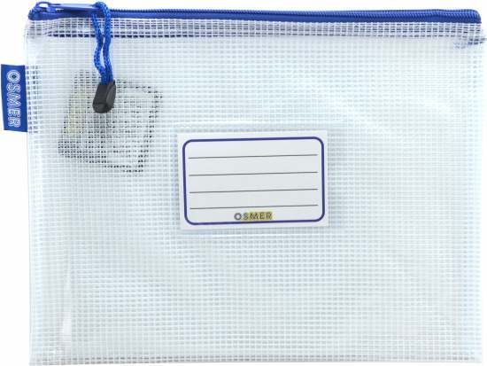 Osmer A5 clear mesh case 26 x 20cm, one case from the assortment shown front-on with a blue zip, cord pull and blank name label