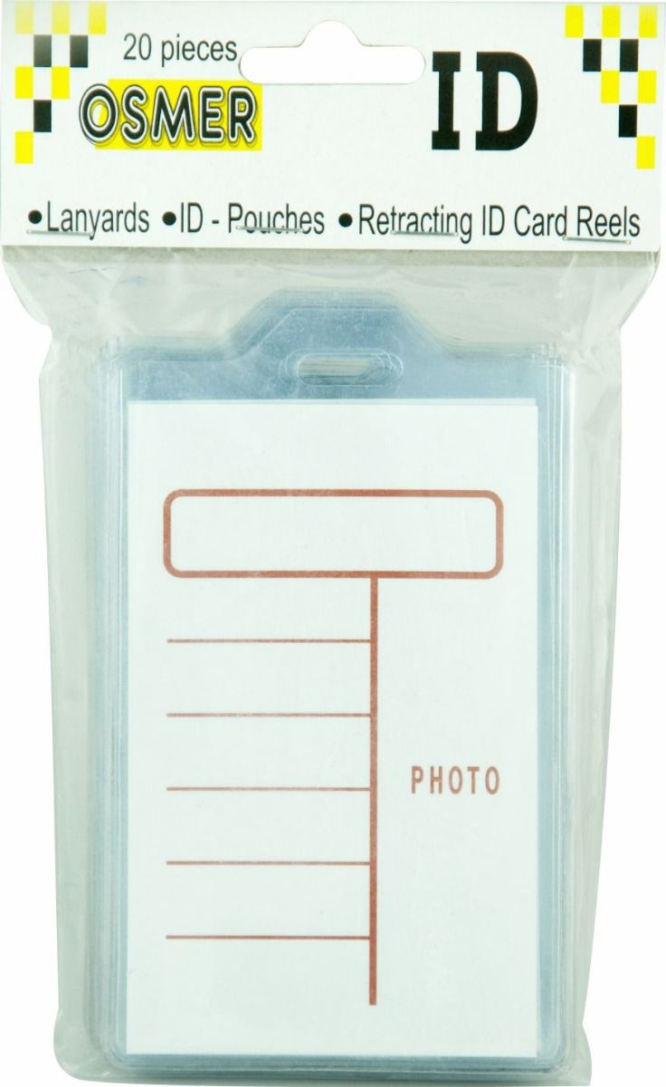 Osmer ID pouch portrait 63 x 96mm in clear, pack of 20 shown in the sealed retail bag with the yellow and black Osmer ID header card