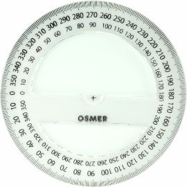 Photo of the Osmer 10cm 360 degree protractor in clear plastic, angled view showing the circular scale and centre mark