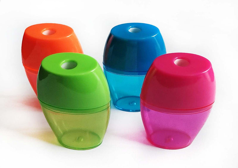 Osmer 1 hole oval barrel sharpeners in tinted orange, blue, green and pink, angled view showing the pencil hole in each lid