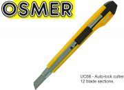 Osmer small yellow auto lock cutter out of the packet, angled view with the narrow snap-off blade extended