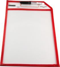 Single Osmer Write N Wipe A4 paper saver sleeve with a red frame, front view showing the clear window, name line and marker held in the top pocket