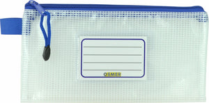 Osmer M2312B clear PVC mesh case laid flat, with a blue zip and blue cord pull along the top, a blue tab at the left end and a name card pocket in the centre
