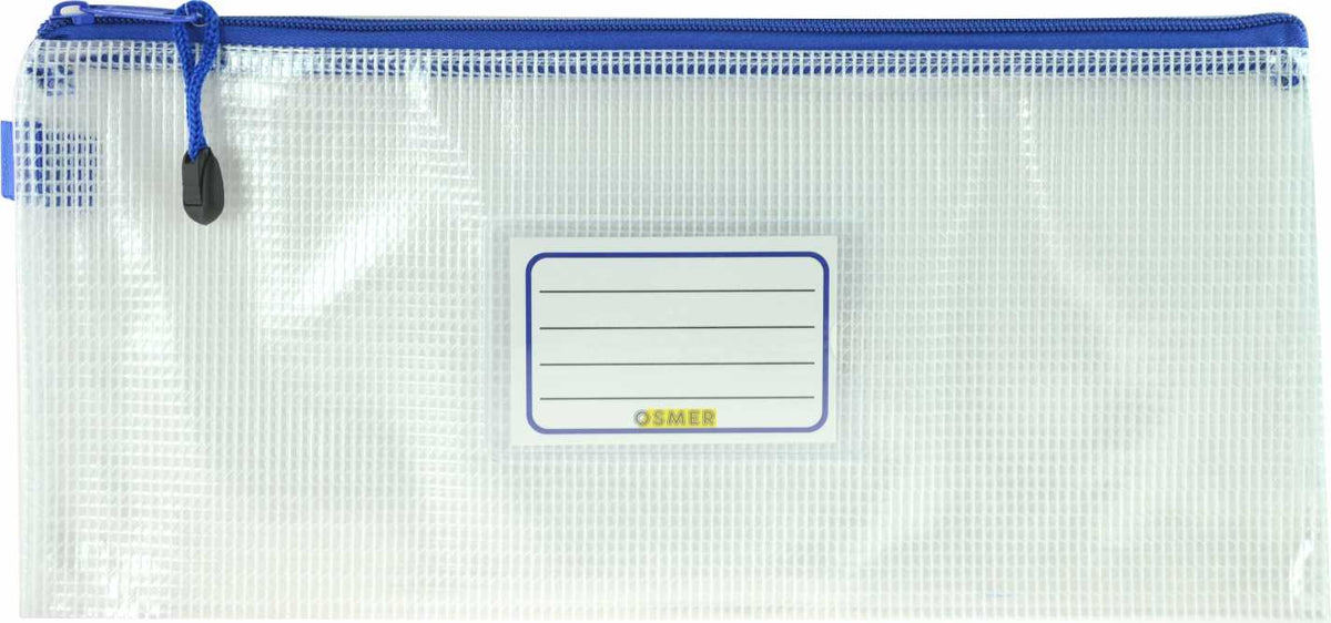 Osmer clear mesh case 34 x 15cm with blue zipper, front view of the case with white name label panel and blue cord zip pull