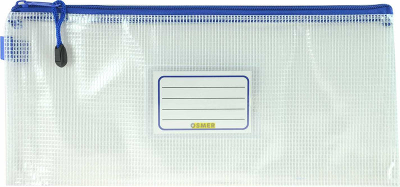 Osmer clear mesh case 34 x 15cm with blue zipper, front view of the case with white name label panel and blue cord zip pull