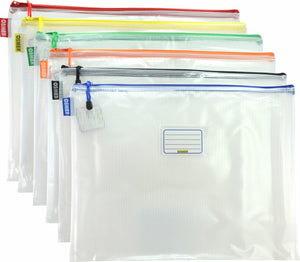 Six Osmer MA3A clear PVC mesh cases fanned out, with red, yellow, green, orange, black and blue zips and trims, and a name card pocket on the front case