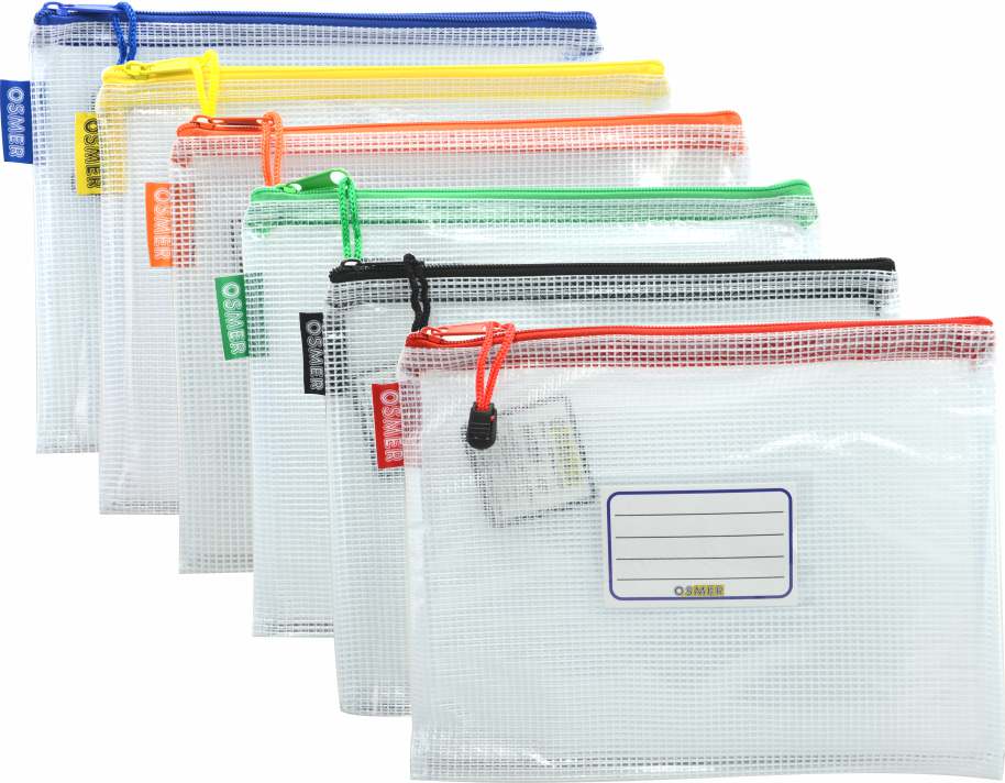 Osmer A5 clear mesh cases 26 x 20cm, six cases fanned out with blue, yellow, orange, green, black and red zips, front name label visible