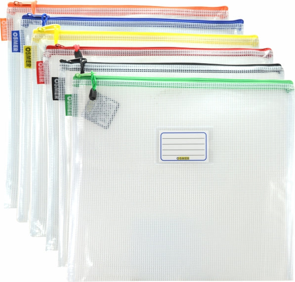 Six Osmer MB4A clear PVC mesh cases fanned out, with orange, blue, yellow, red, black and green zips and trims, and a name card pocket on the front case