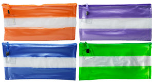 Four Osmer MCB3417 clear PVC mesh cases in orange, purple, blue and green, each with a coloured band along the top and bottom and a clear mesh strip across the middle
