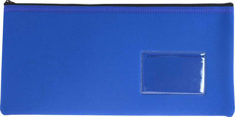 Osmer neoprene pencil case 34 x 17cm in blue with one black zip, flat front view showing the clear name card window