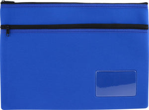 Osmer neoprene pencil case 35.5 x 26cm in blue with two black zips, flat front view showing the clear name card window