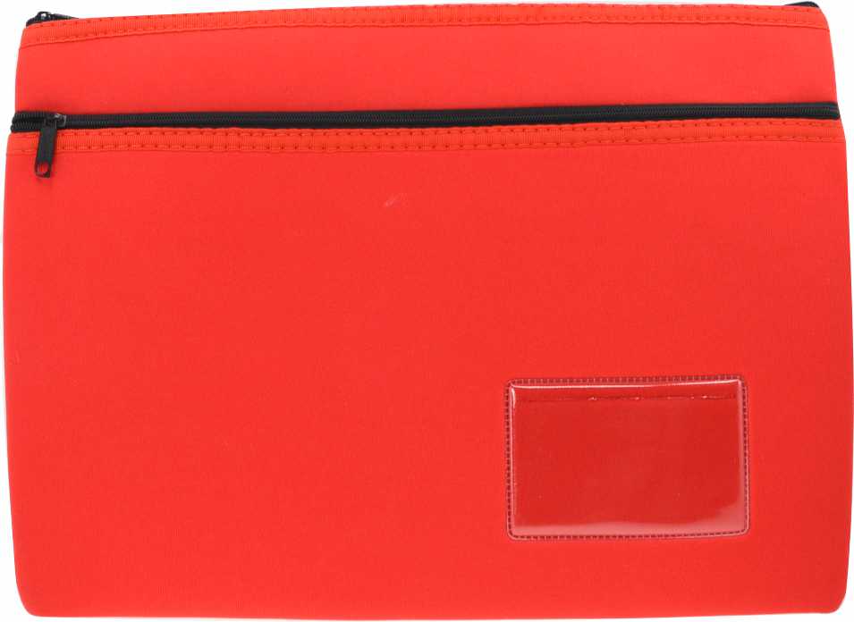 Osmer neoprene pencil case 35.5 x 26cm in red with two black zips, flat front view showing the clear name card window