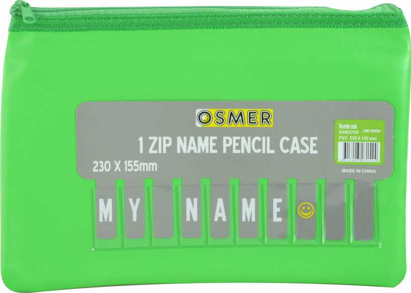 Osmer cloth backed PU pencil case 1 zip 23 x 15.5cm in green, front view with the grey Osmer header card reading 1 ZIP NAME PENCIL CASE 230 x 155mm and the MY NAME alphabet strip
