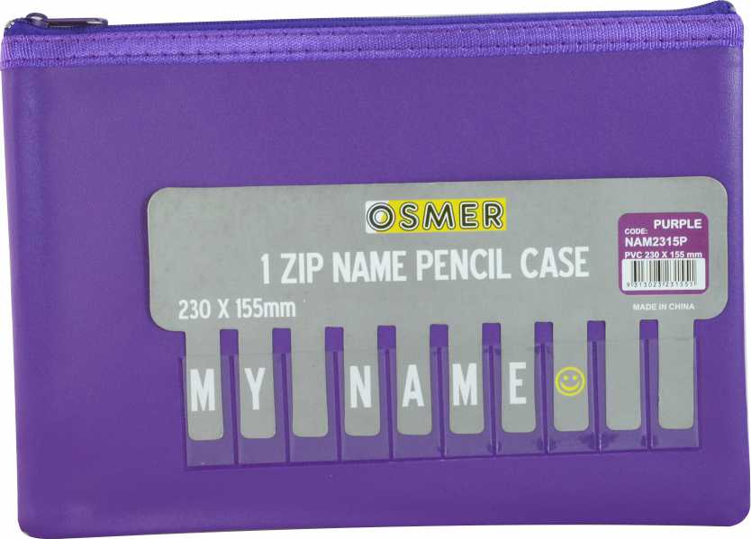 Osmer NAM2315P purple cloth backed PU pencil case with a zip along the top, shown with its Osmer 1 Zip Name Pencil Case card and letter tiles spelling MY NAME