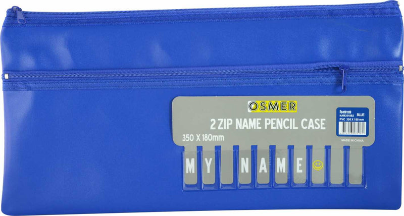 Osmer cloth backed PU pencil case 2 zip 35 x 18cm in blue, front view with the grey Osmer header card reading 2 ZIP NAME PENCIL CASE 350 x 180mm and the MY NAME alphabet strip
