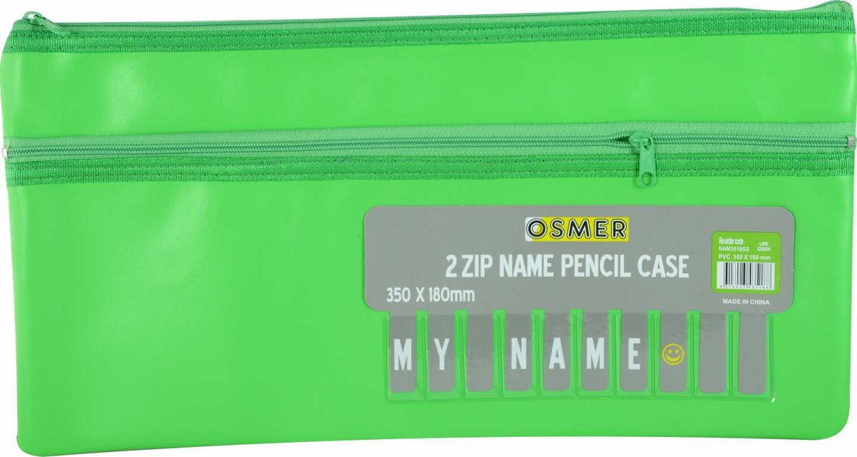 Osmer cloth backed PU pencil case 2 zip 35 x 18cm in green, front view with the grey Osmer header card reading 2 ZIP NAME PENCIL CASE 350 x 180mm and the MY NAME alphabet strip