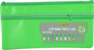 Osmer cloth backed PU pencil case 2 zip 35 x 18cm in green, front view with the grey Osmer header card reading 2 ZIP NAME PENCIL CASE 350 x 180mm and the MY NAME alphabet strip