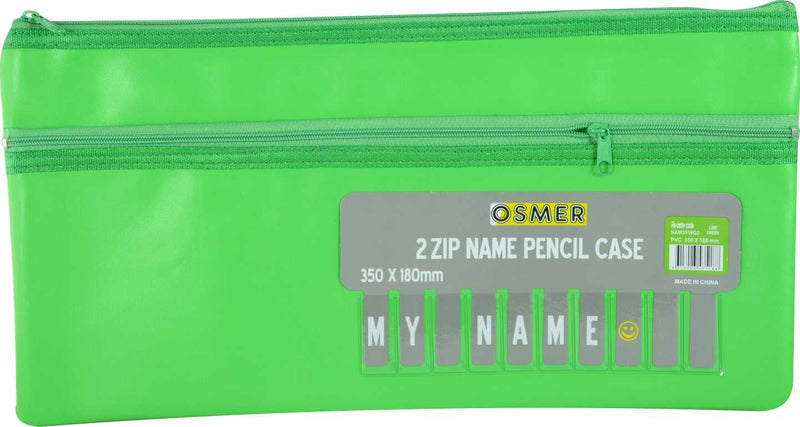 Osmer cloth backed PU pencil case 2 zip 35 x 18cm in green, front view with the grey Osmer header card reading 2 ZIP NAME PENCIL CASE 350 x 180mm and the MY NAME alphabet strip