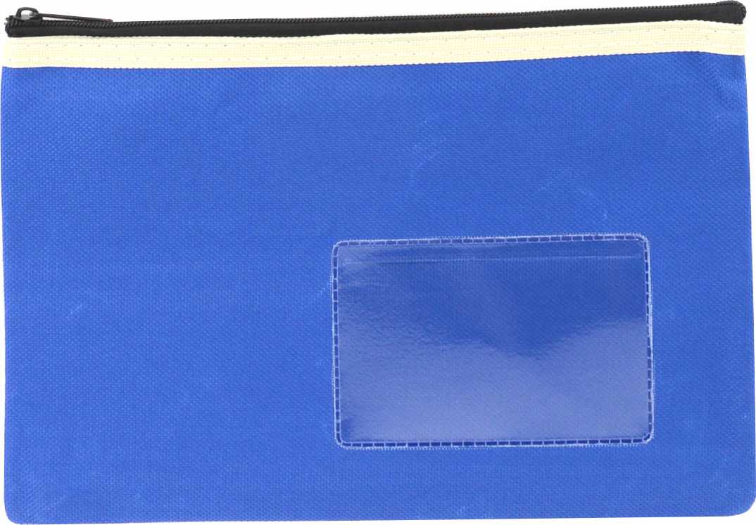 Osmer polyester pencil case 23 x 15.5cm in blue with a black zip with cream trim, front view showing the clear name card window