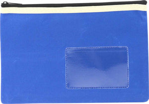 Osmer polyester pencil case 23 x 15.5cm in blue with a black zip with cream trim, front view showing the clear name card window