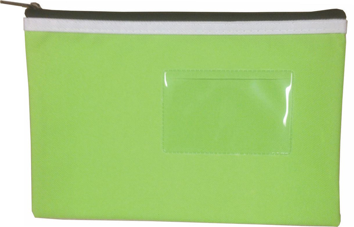 Osmer polyester pencil case 23 x 15.5cm in green with a black zip with cream trim, front view showing the clear name card window