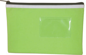 Osmer polyester pencil case 23 x 15.5cm in green with a black zip with cream trim, front view showing the clear name card window