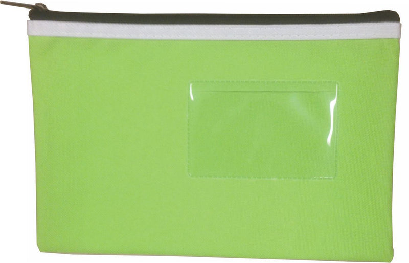 Osmer polyester pencil case 23 x 15.5cm in green with a black zip with cream trim, front view showing the clear name card window