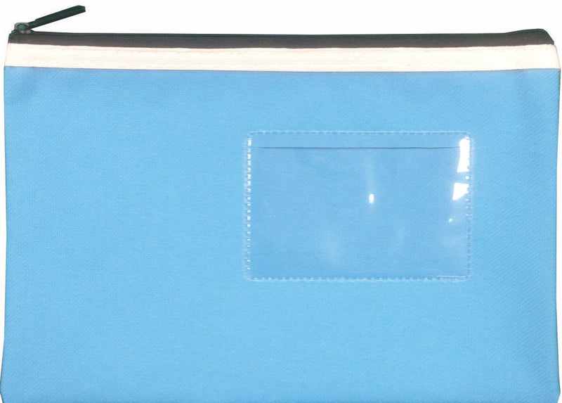 Osmer polyester pencil case 23 x 15.5cm in light blue with a black zip with cream trim, front view showing the clear name card window