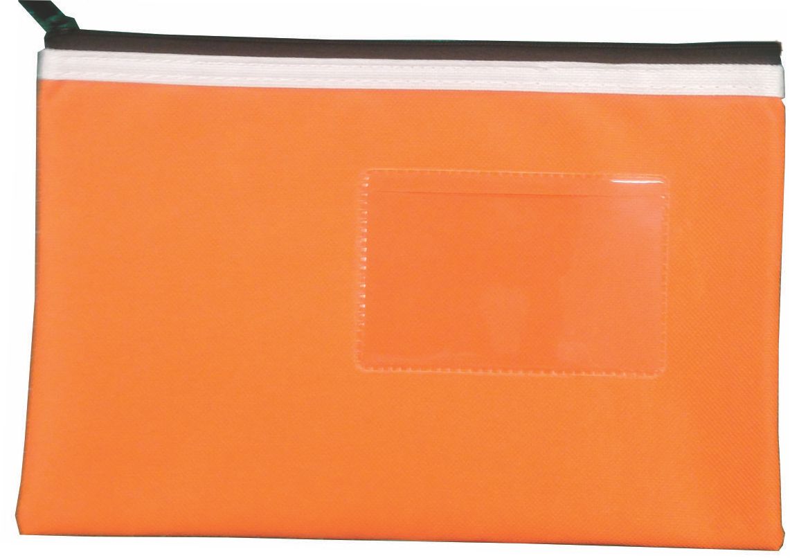 Osmer polyester pencil case 23 x 15.5cm in orange with a black zip with cream trim, front view showing the clear name card window