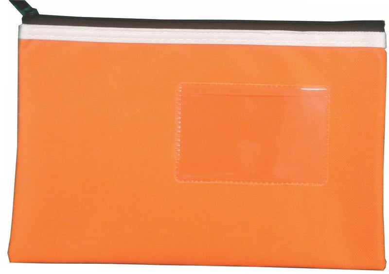 Osmer polyester pencil case 23 x 15.5cm in orange with a black zip with cream trim, front view showing the clear name card window