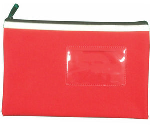 Osmer polyester pencil case 23 x 15.5cm in red with a black zip with cream trim, front view showing the clear name card window
