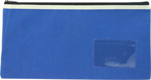 Osmer P3518B1 blue polyester pencil case laid flat, with a black zip and cream trim along the top and a clear name card window at the lower right