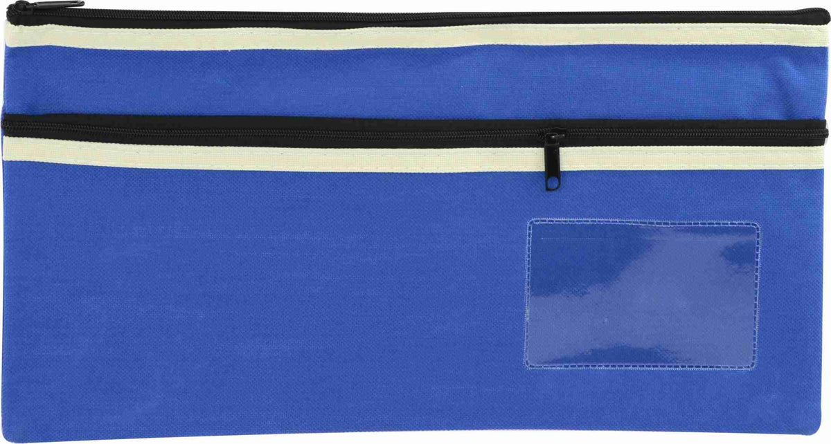 Osmer polyester pencil case 35 x 18cm in blue with two black zips with cream trim, front view showing the clear name card window